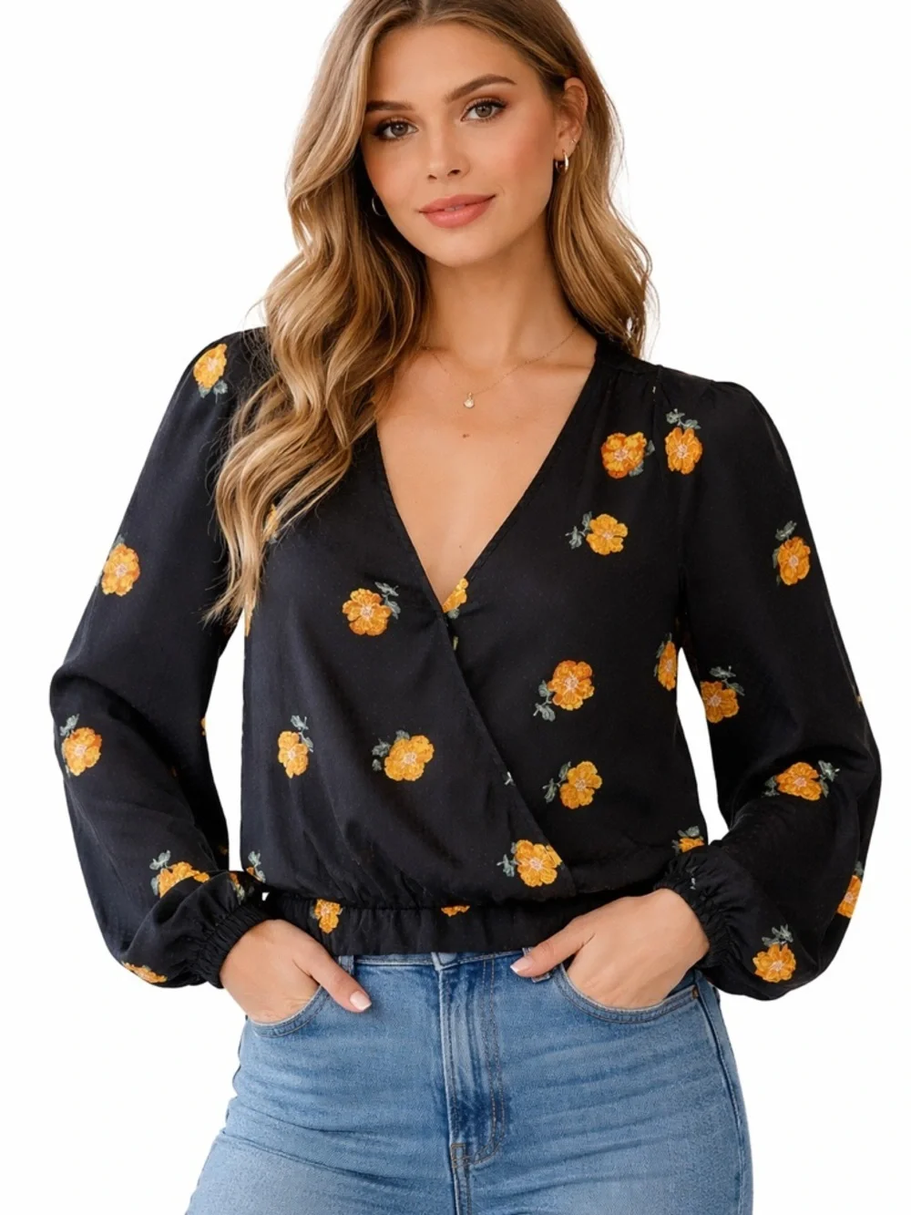 Madewell Black Wrap Blouse with Yellow Floral Print